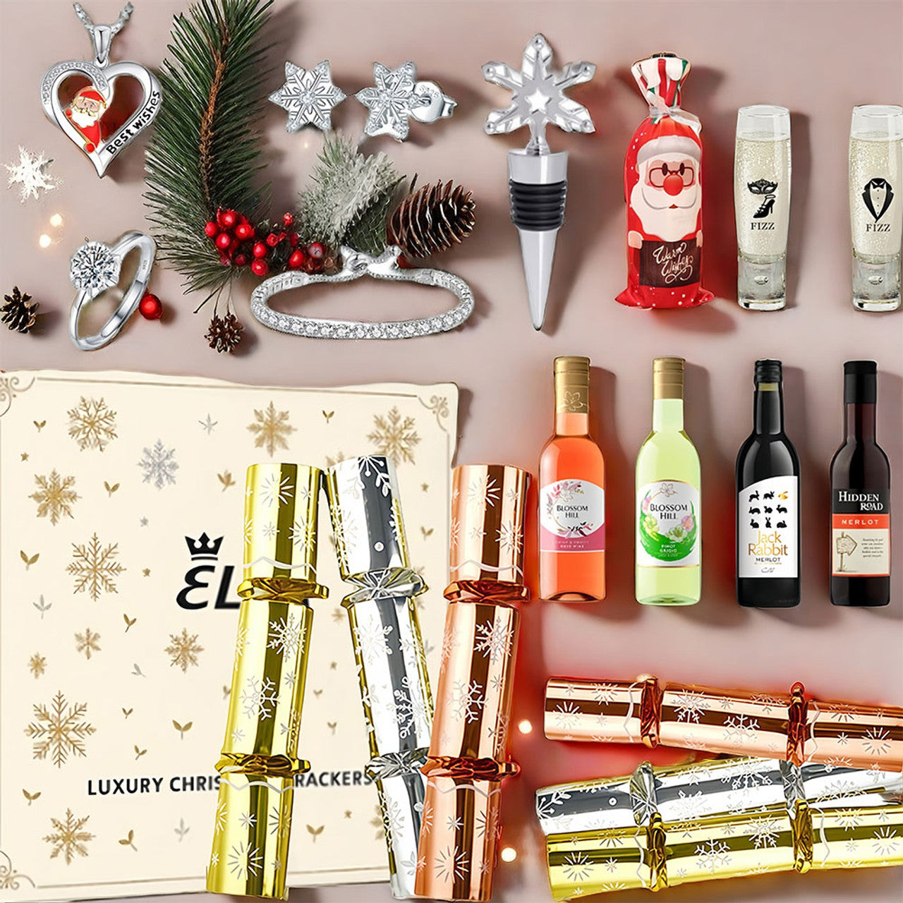 Luxury Wine & Moissanite Jewelry Christmas Crackers – 6pcs / 12pcs Set