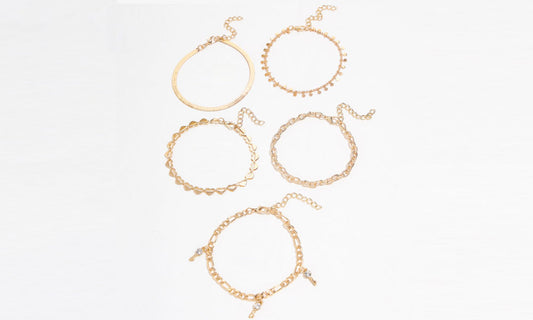 Hollow Heart Disc Snake Chain Diamond Key Fringe Pendant 5 Piece Anklet 5294