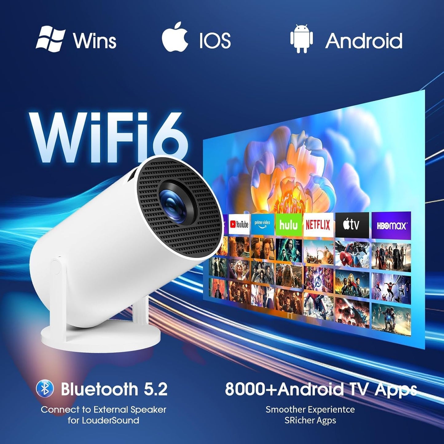 Android 11 F100 Mini Smart Projector Auto Horizontal Correction180°Rotatable