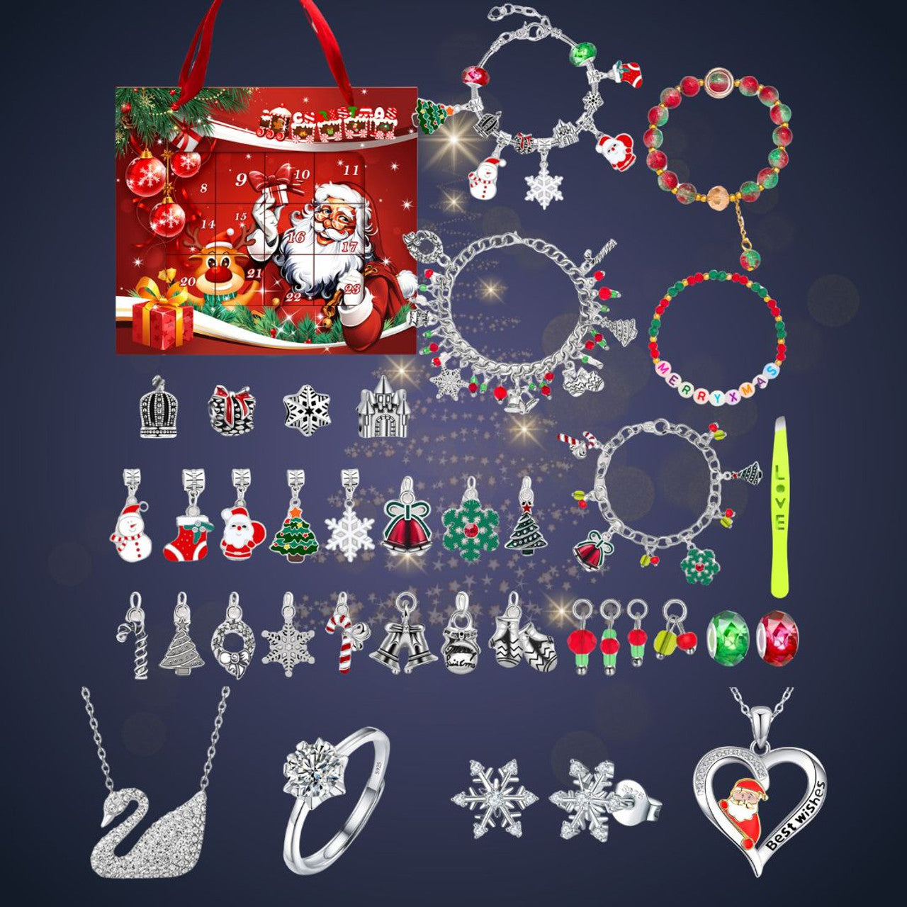 Festive Advent Calendar Bracelet Featuring Moissanite Stone Jewelry Pieces