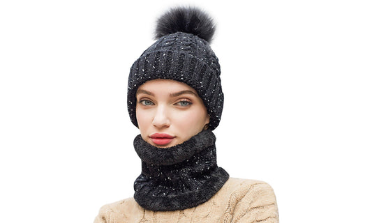 Ladies Knitted Soft Fleece Winter Beanie Hat with Neck Warmer