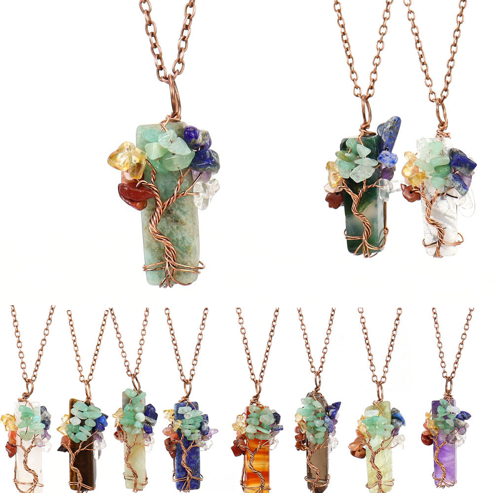 Natural Stone Irregular Crystal Bar Amethyst Tree of Life Crushed Gemstone Pendant Necklace