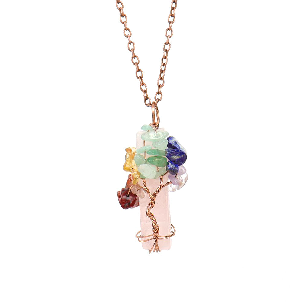 Natural Stone Irregular Crystal Bar Amethyst Tree of Life Crushed Gemstone Pendant Necklace