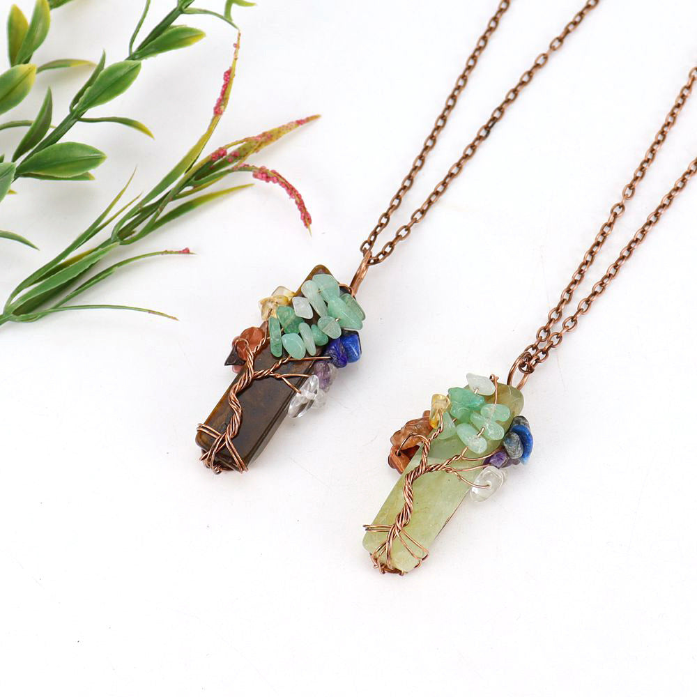 Natural Stone Irregular Crystal Bar Amethyst Tree of Life Crushed Gemstone Pendant Necklace