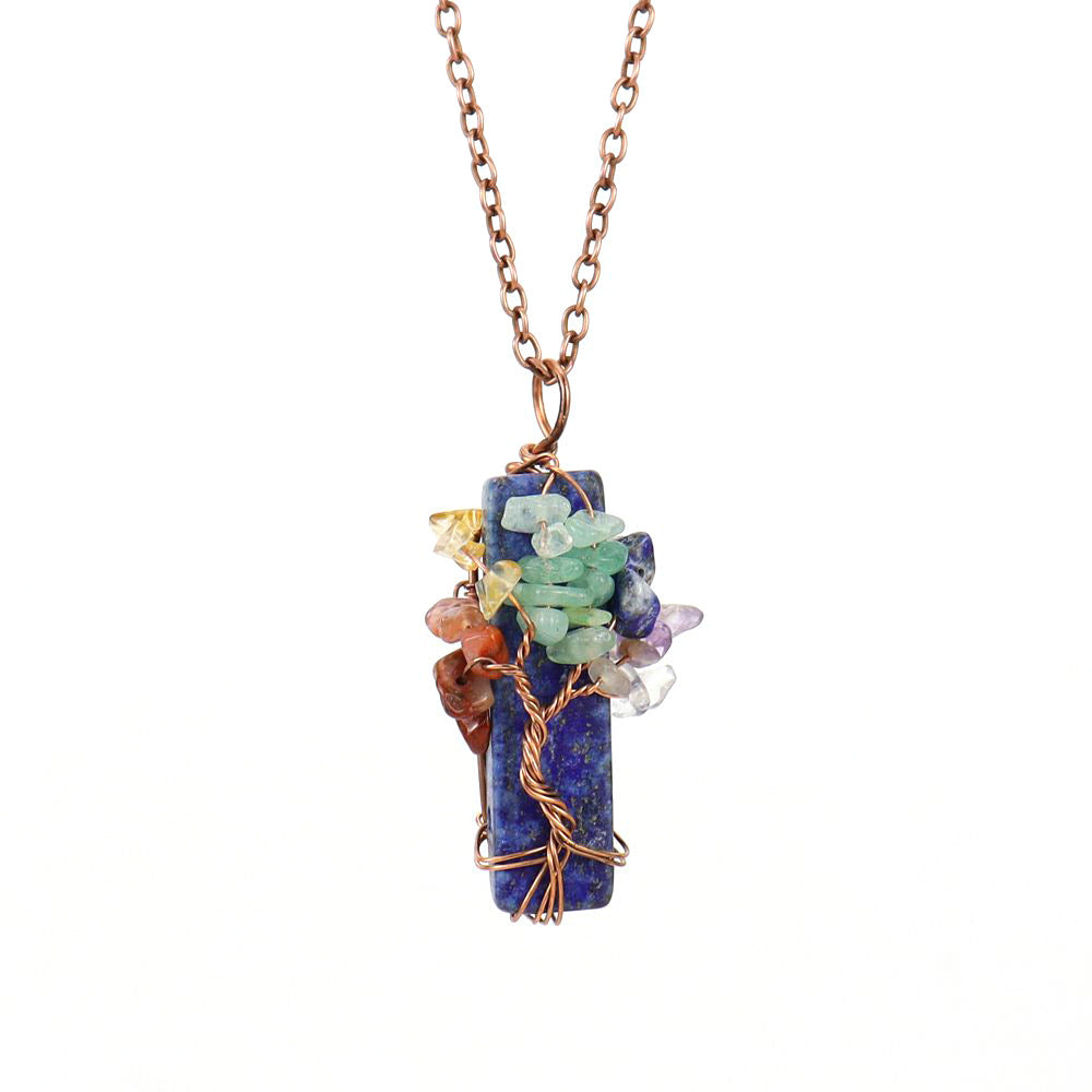 Natural Stone Irregular Crystal Bar Amethyst Tree of Life Crushed Gemstone Pendant Necklace
