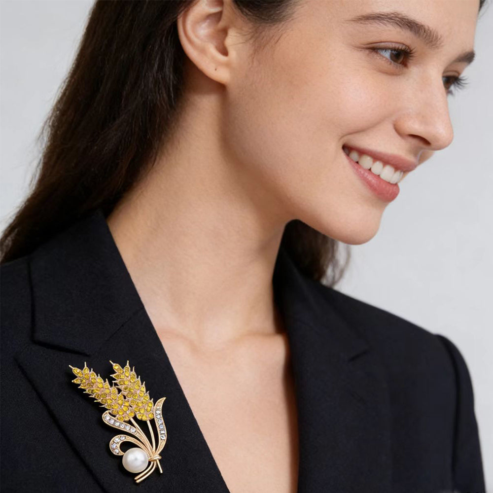 Golden Wheat Pearl Crystal Brooch 9769