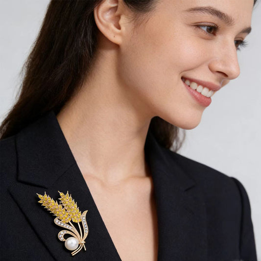 Golden Wheat Pearl Crystal Brooch 9769
