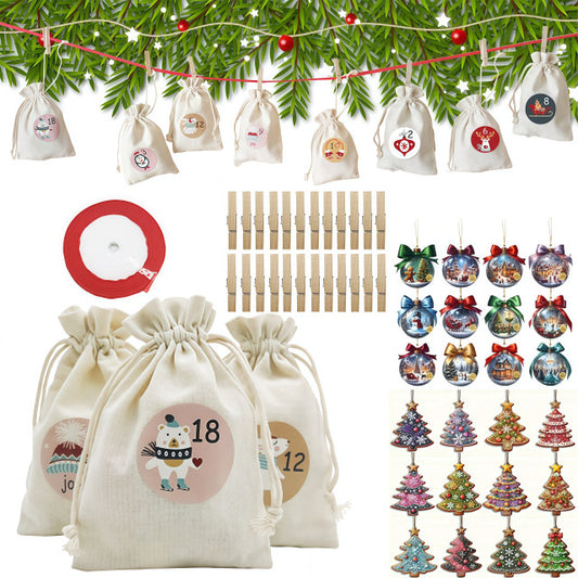 Christmas Gift Arrival Calendar Bag Wooden decorative pendant 24pcs Blind box