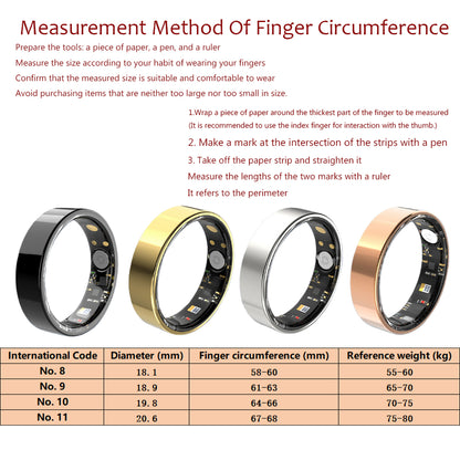 Heart Rate, Blood Oxygen, Sleep Health Monitoring, Exercise Step Counting, Waterproof Smart Ring