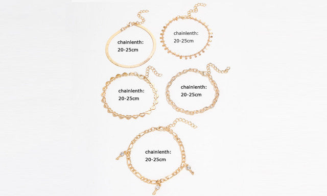 Hollow Heart Disc Snake Chain Diamond Key Fringe Pendant 5 Piece Anklet 5294