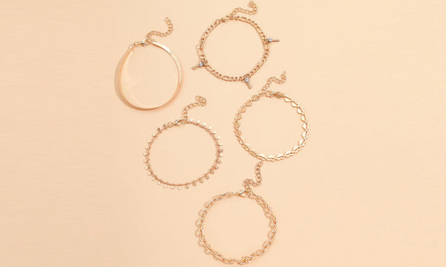 Hollow Heart Disc Snake Chain Diamond Key Fringe Pendant 5 Piece Anklet 5294