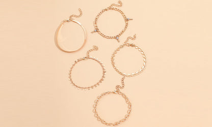 Hollow Heart Disc Snake Chain Diamond Key Fringe Pendant 5 Piece Anklet 5294