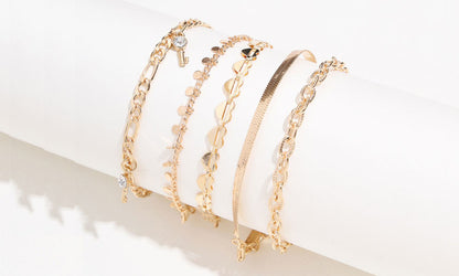 Hollow Heart Disc Snake Chain Diamond Key Fringe Pendant 5 Piece Anklet 5294