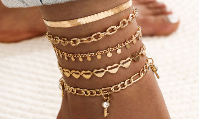 Hollow Heart Disc Snake Chain Diamond Key Fringe Pendant 5 Piece Anklet 5294