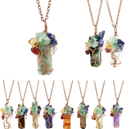 Natural Stone Irregular Crystal Bar Amethyst Tree of Life Crushed Gemstone Pendant Necklace