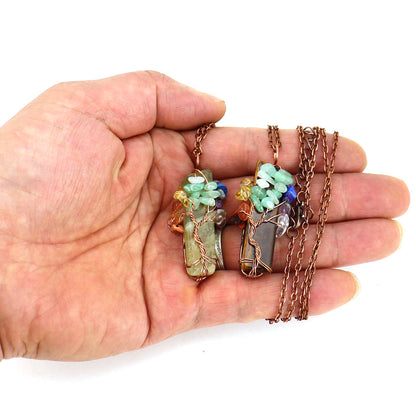 Natural Stone Irregular Crystal Bar Amethyst Tree of Life Crushed Gemstone Pendant Necklace