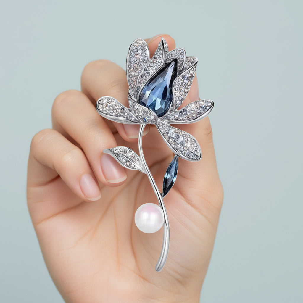 T-Serene Orchid Austrian Crystal & Pearl Brooch 9751