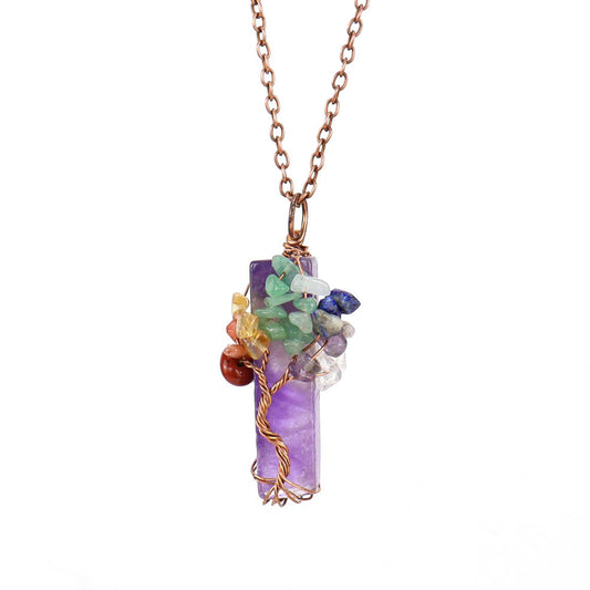 Natural Stone Irregular Crystal Bar Amethyst Tree of Life Crushed Gemstone Pendant Necklace