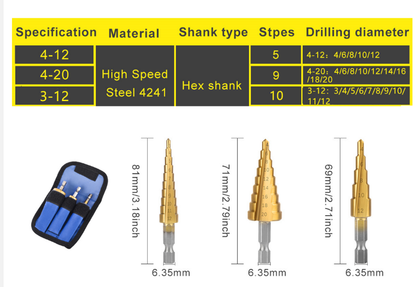 Step Drill 3-12/4-12/4-20 HSS Straight Groove Step Drill Bit Titanium Coated Hole Cutter, Cone Drill Pieces 3pcs