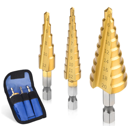 Step Drill 3-12/4-12/4-20 HSS Straight Groove Step Drill Bit Titanium Coated Hole Cutter, Cone Drill Pieces 3pcs